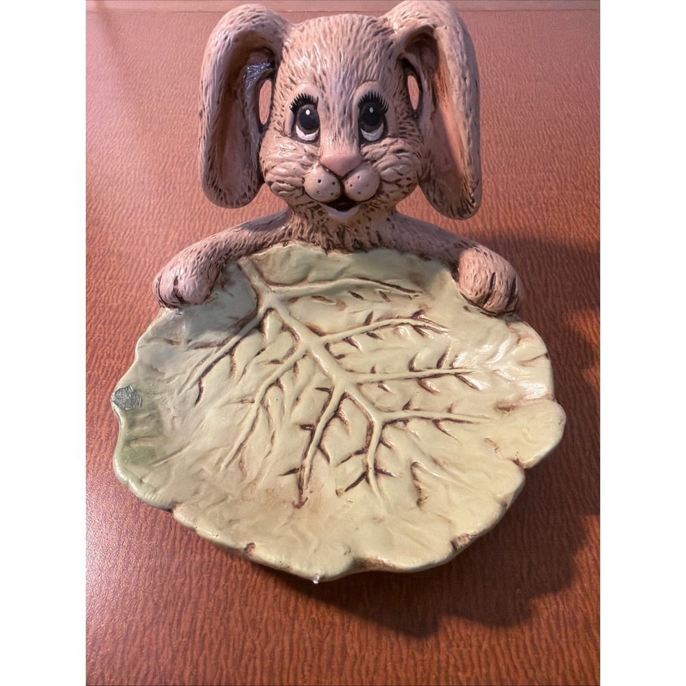 Vtg Ceramic‎ Hand Painted Bunny Cabbage Leaf Candy Dish Scioto 1990's